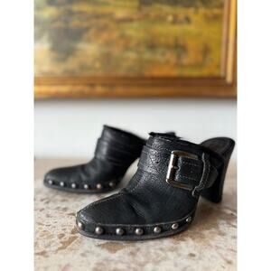 Y2K Apepazza Black Studded Leather Mules With Side Buckle Faux Fur Size 6.5